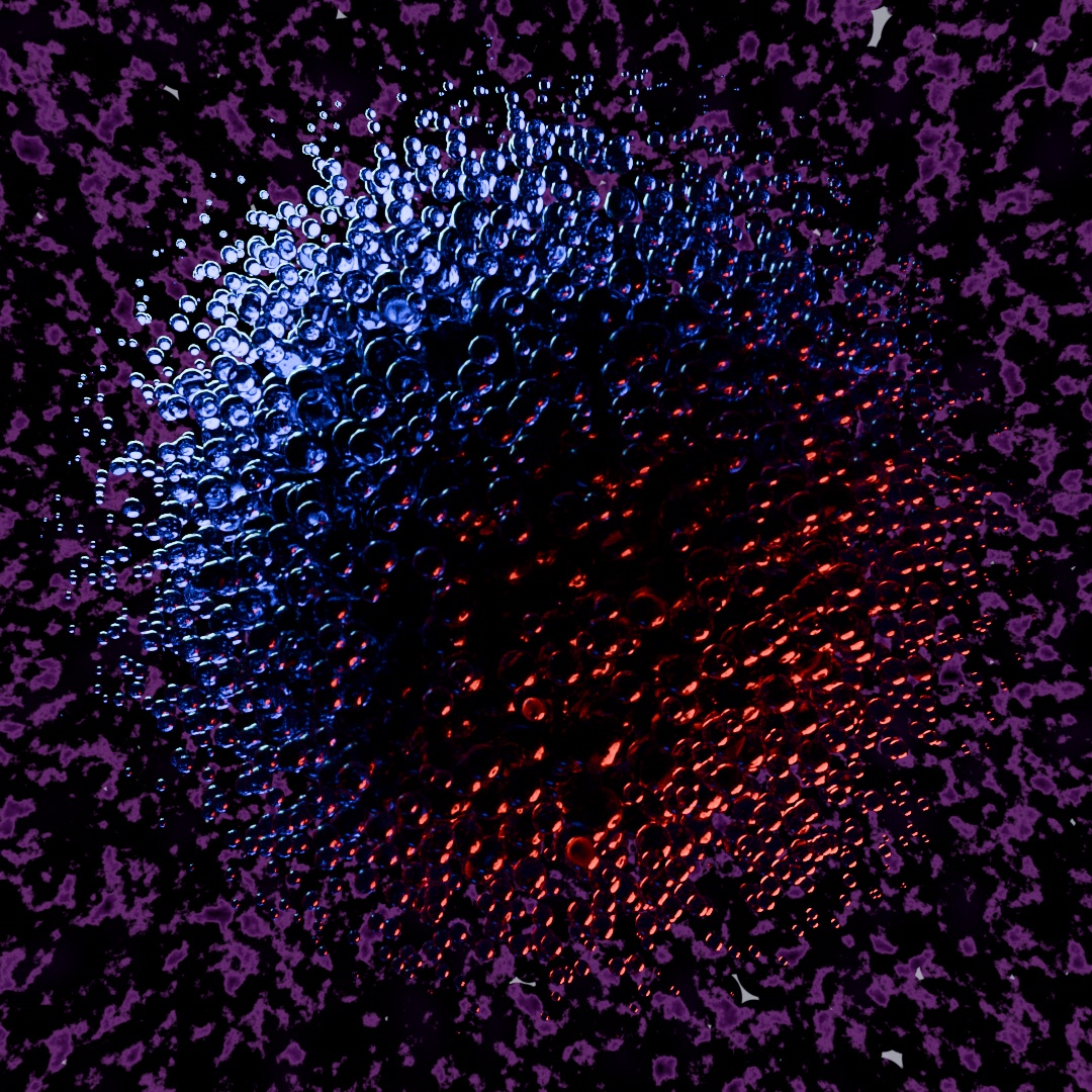 An asymmetric cluster of reflective bead-like forms lit in blue and red, surrounded by purple texture, rendered by Max Jackson.