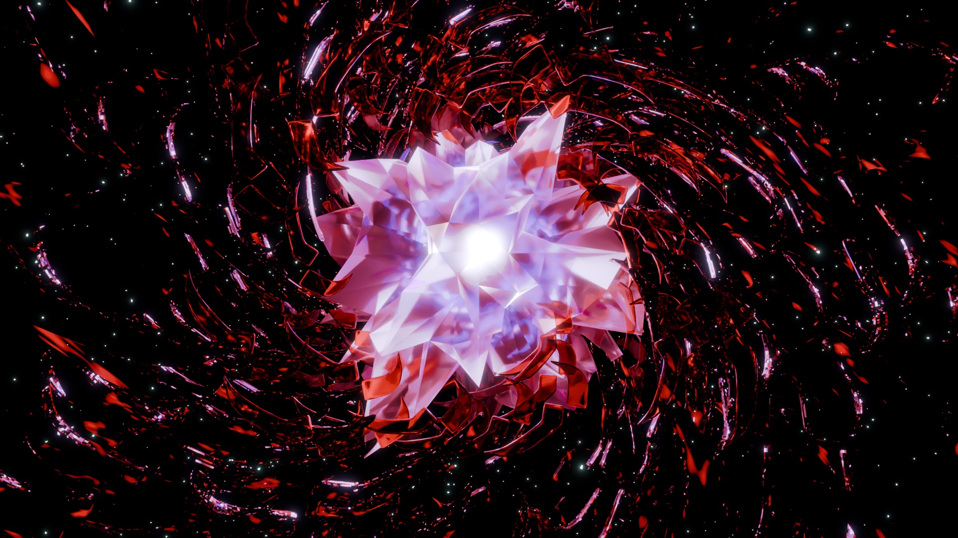 A luminous faceted center surrounded by twisting reflective red forms against black, a 3D render by Max Jackson.
